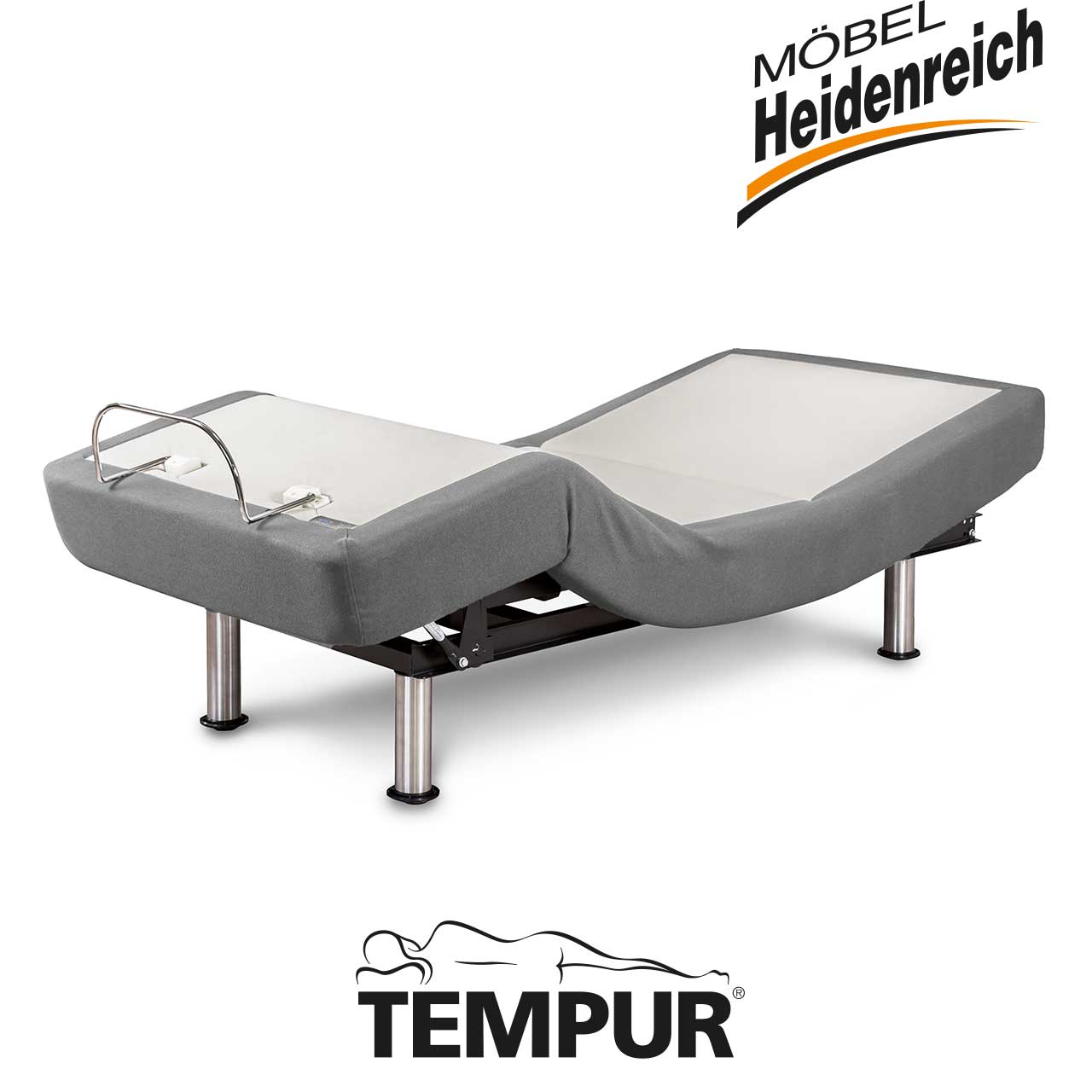 Grauer Bett-Unterbau mit Haltebügel für Matratze in gebogener Position.