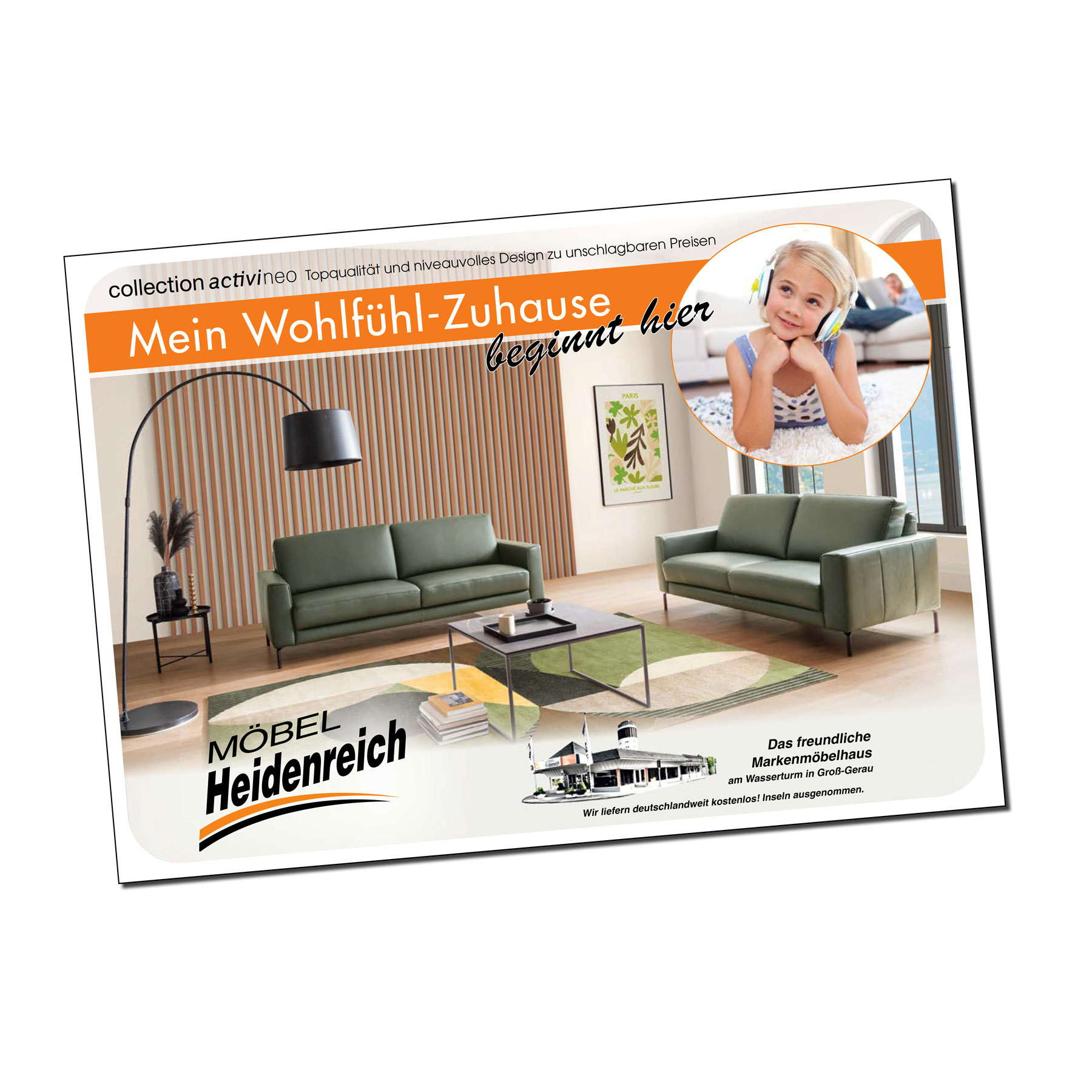 Titelseite des aktuellen activineo Prospektes mit zwei grauen Zweisitzern, Couchtisch und Lampe.