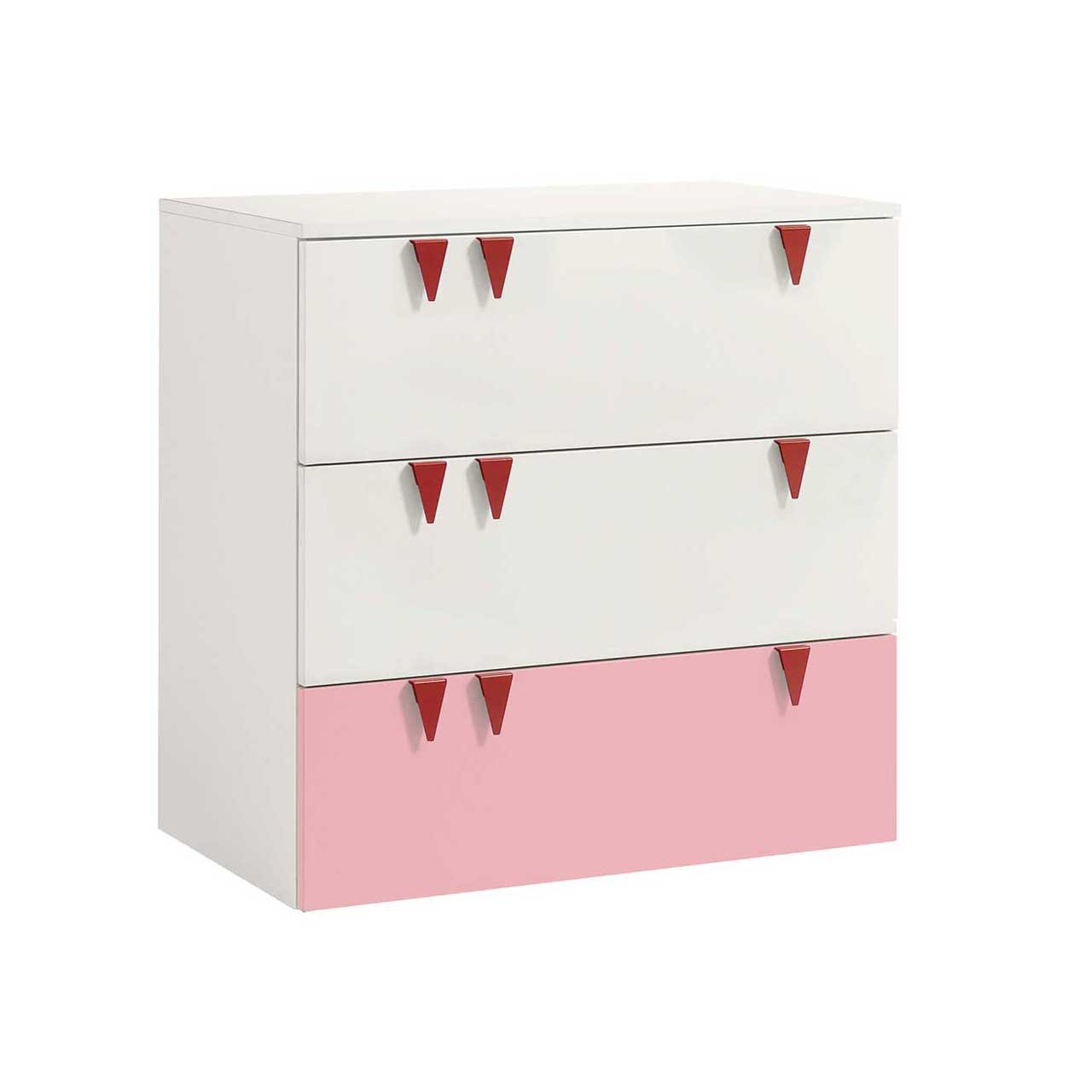 now! by hülsta - minimo Kommode Hellrosa 55924 Weiße Kinderkommode mit drei Schubladen, unterste Schubladenfront ist rosa. An den Schubladen je drei rote Zähnchen als Griffe. Seitlich fotografiert.