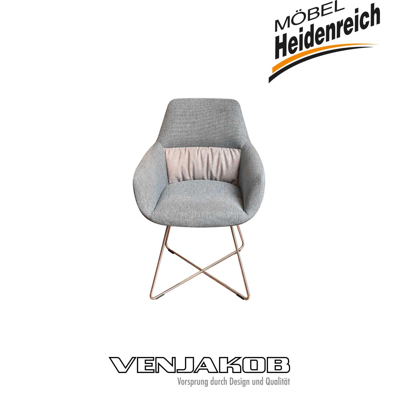 Zierelement im Rücken ist hellblau, NICHT rosa. Grauer Stuhl frontal fotografiert.