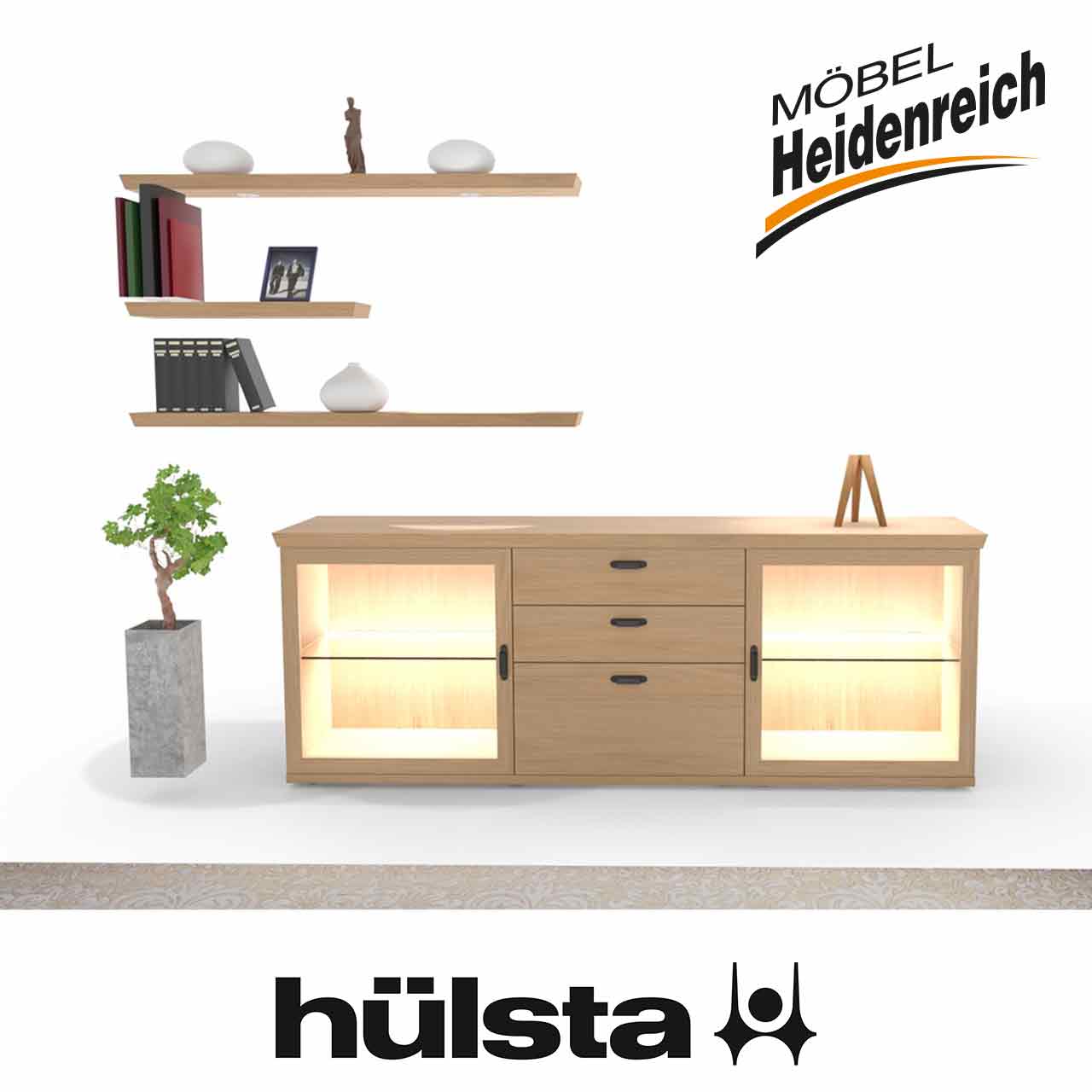 Zeichnung des gleichen Sideboards mit angeschalteter Beleuchtung.