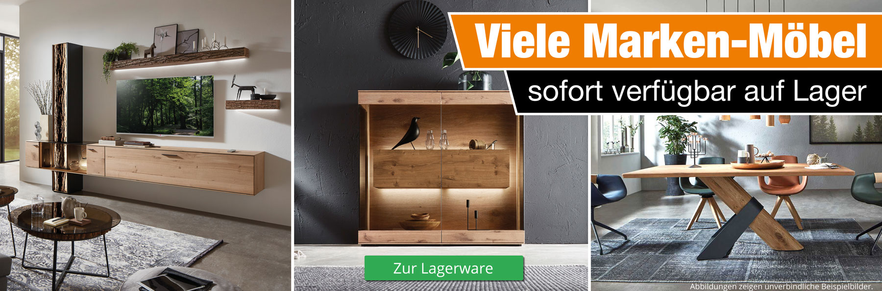 Abbildung von unverbindlichen Beispielbildern von Wohnlandschaften. Lagerverkauf, viele Marken-Möbel, sofort verfügbar. 