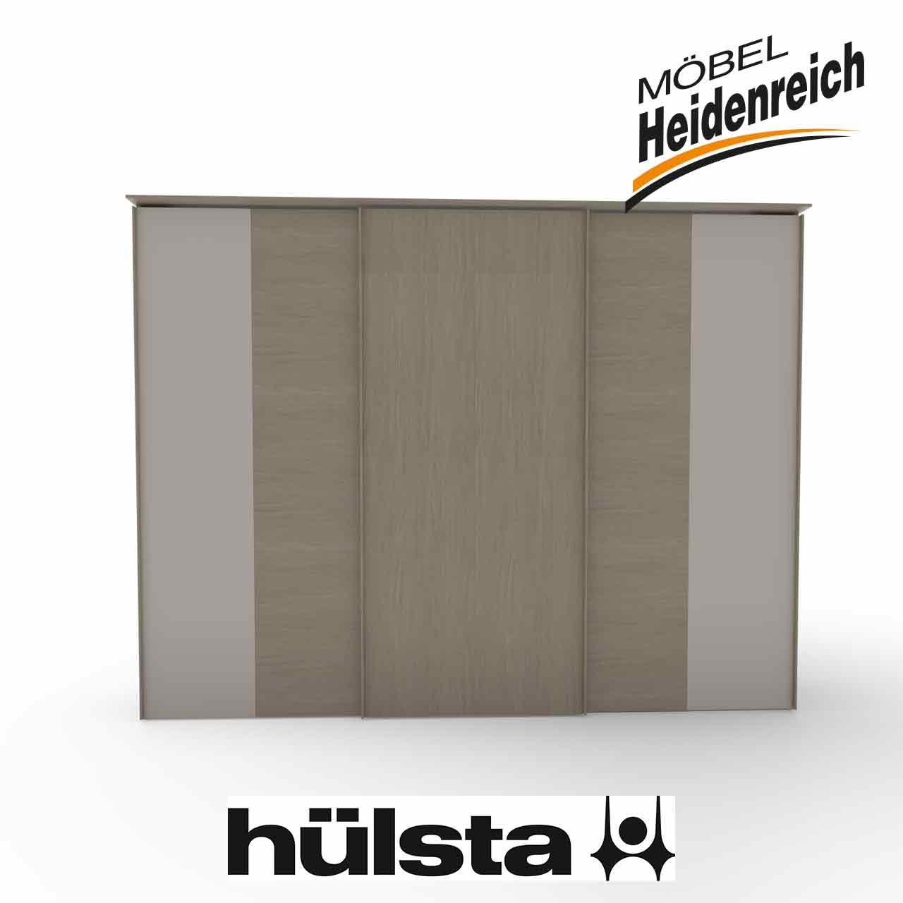 Grauer Schiebetürenschrank mit drei Türen und Kranz oben.