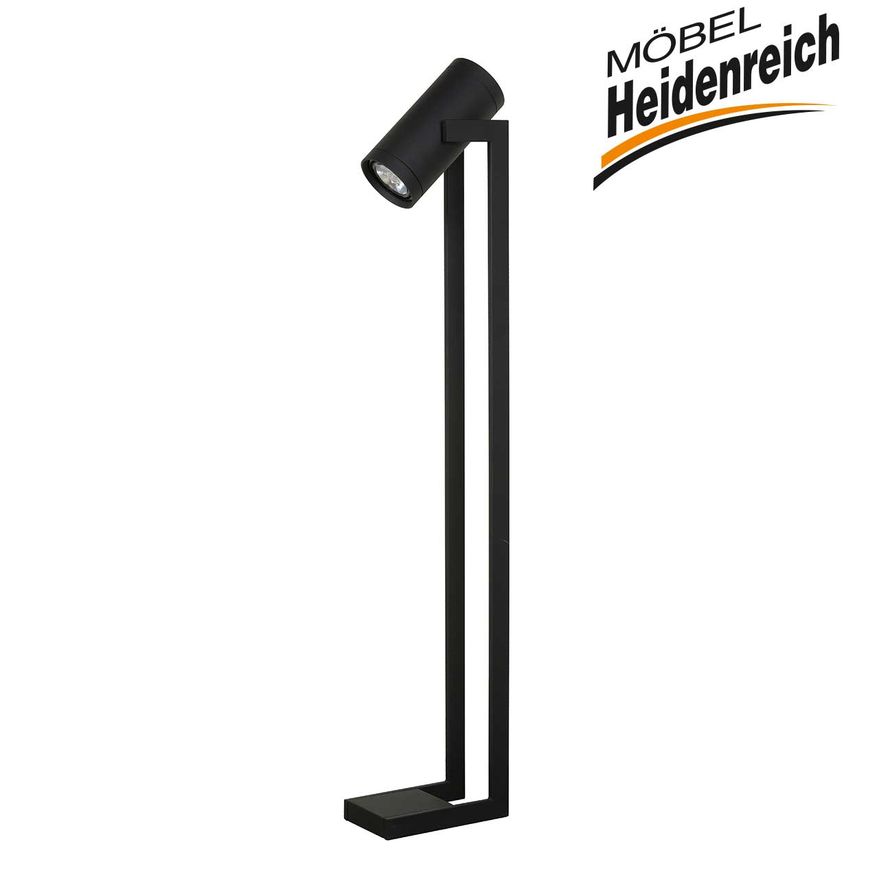 Stehlampe mit schwarzem Stahlgestell und LED-Strahler.