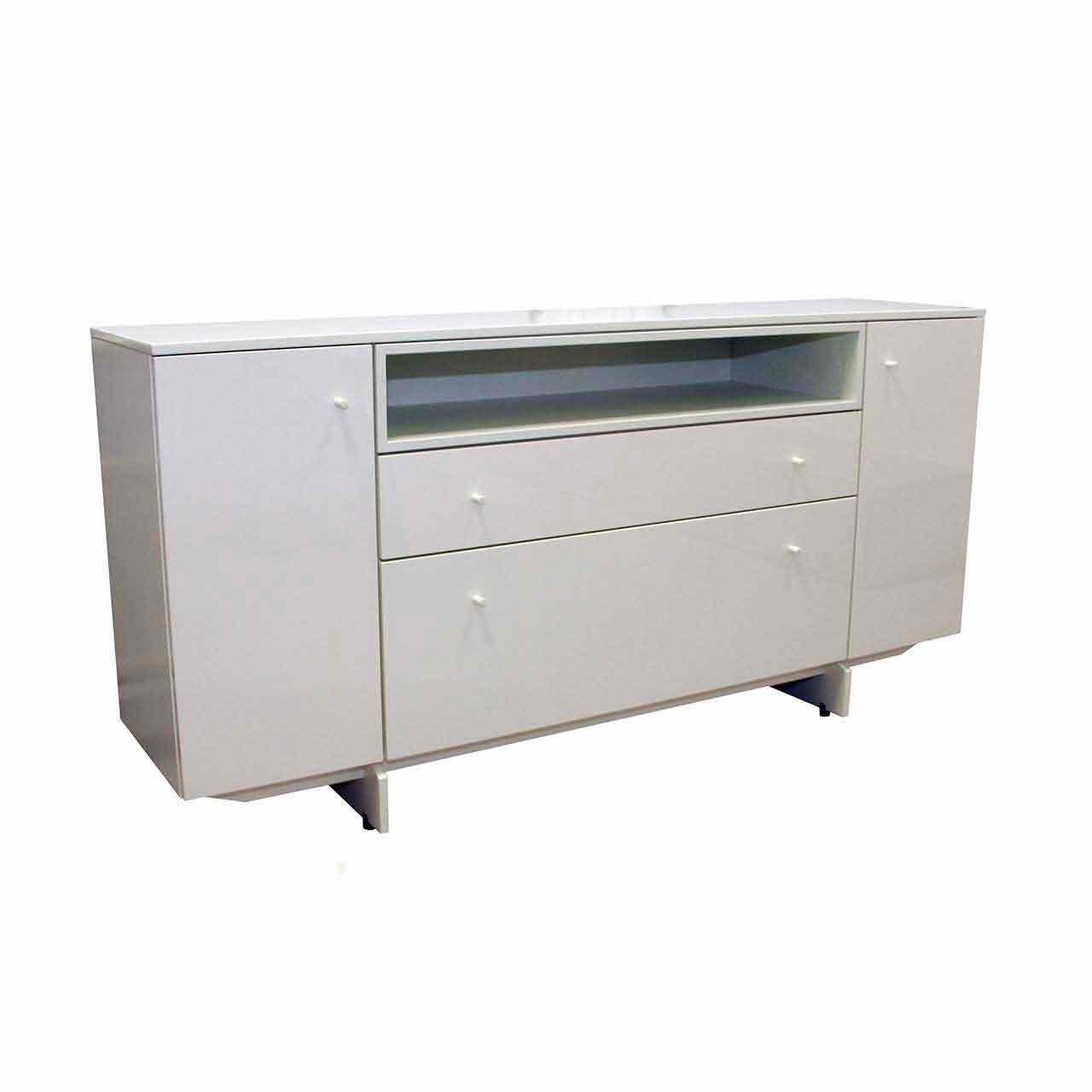 Weißes Sideboard auf Kufengestell mit Türen rechts und links und 1 Klappe und Schublade in der Mitte