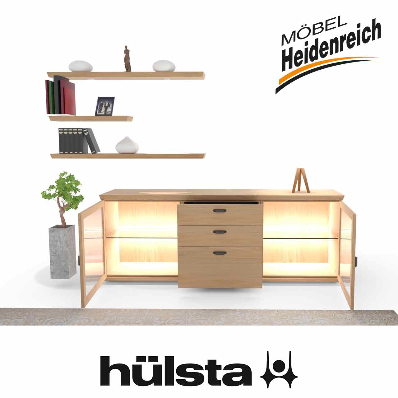 Zeichnung des gleichen Sideboards mit geöffneten Türen.