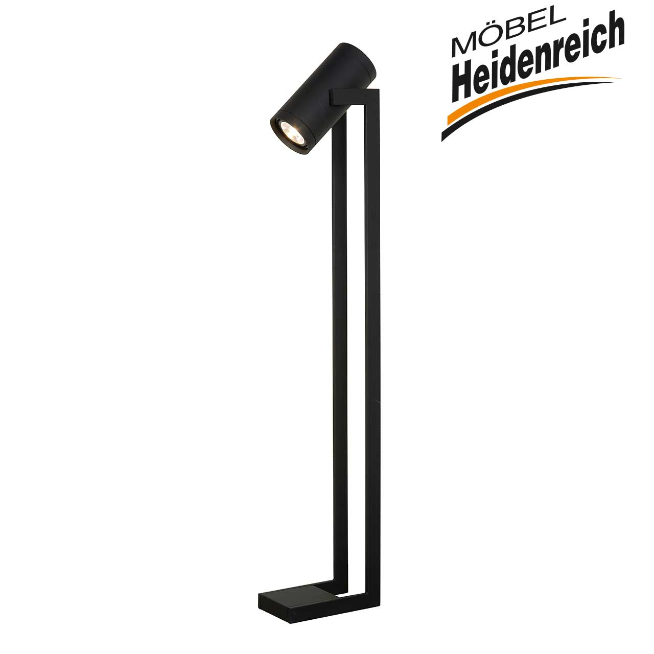 Stehlampe mit schwarzem Stahlgestell und LED-Strahler.