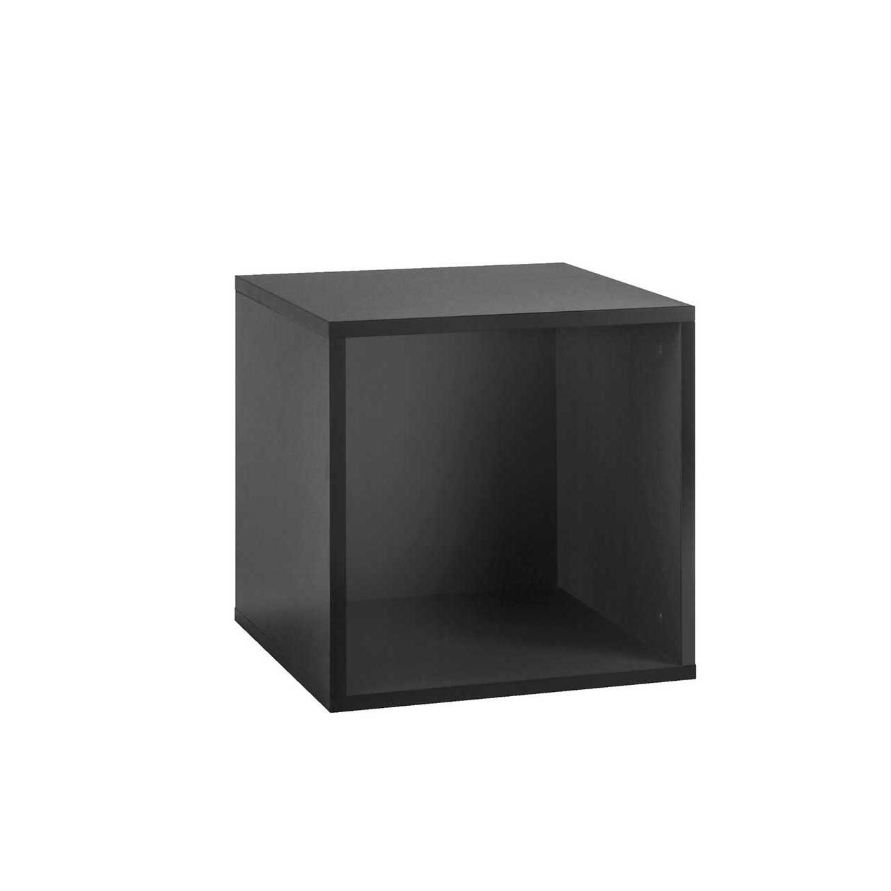 Kleine quadratische graue Box, die vorne offen ist.