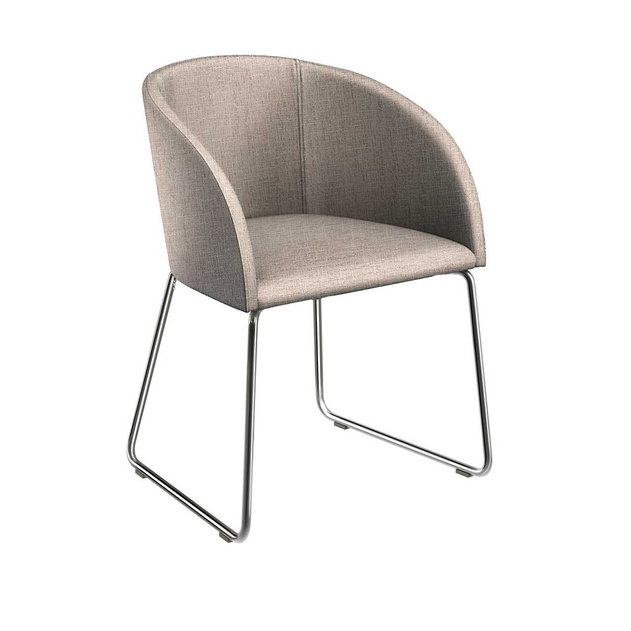 Schalenstuhl mit trapezförmigen hochglänzenden Kufen und Bezug Stoff beige.