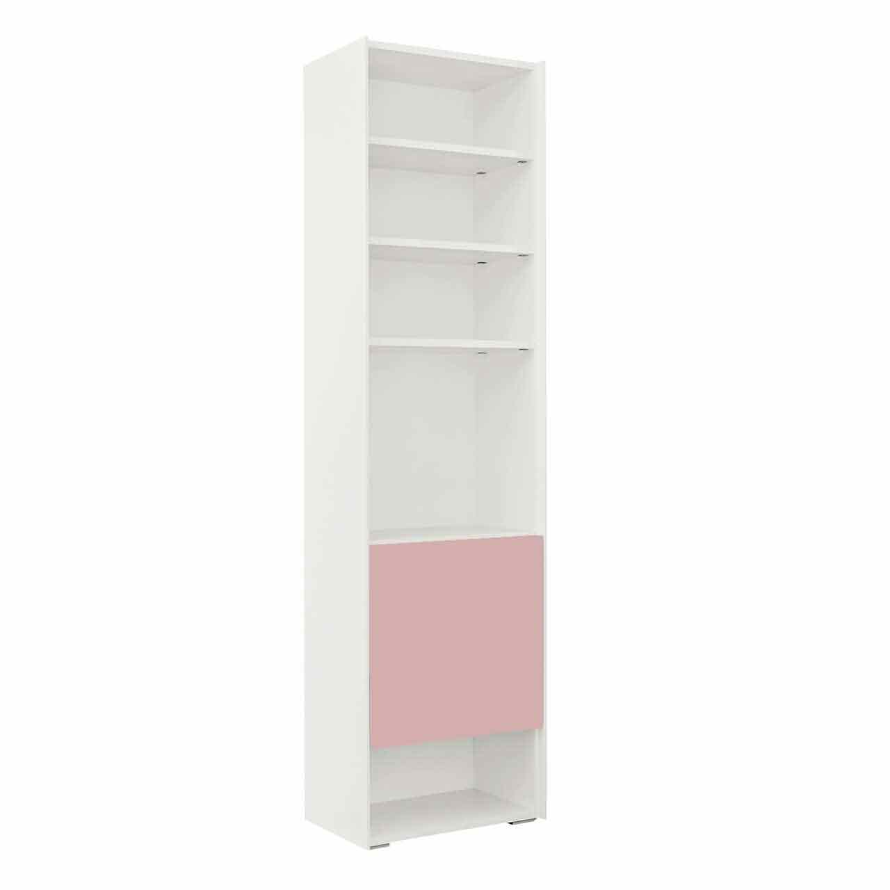 Weißes Regal mit fünf offenen Fächern und rosa Akzenttür.