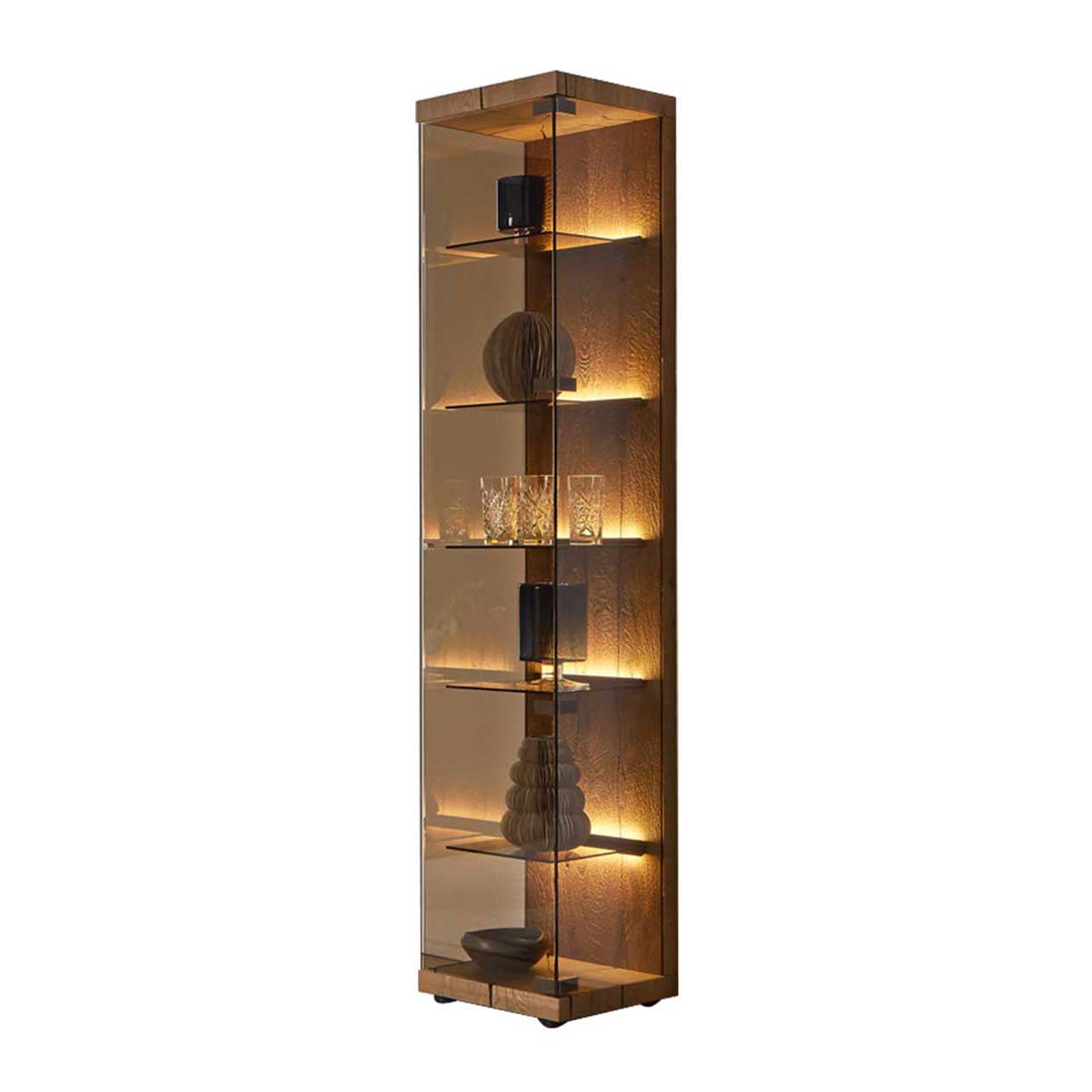 Hartmann Vara - Standvitrine 7210W-0039 Vitrine komplett aus hellgrauem Glas mit fünf sichtbaren beleuchteten Einlegeböden. Die Rückwand ist auf Holz.