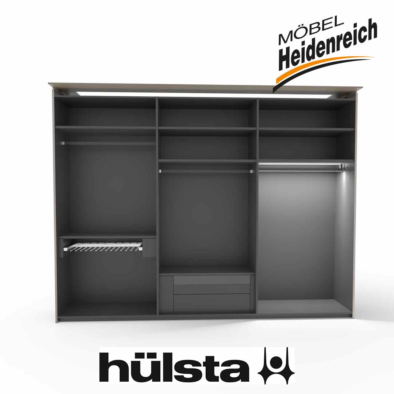 Innenausstattung links zwei Einlegeböden, eine Kleiderstange und ein Hosenhalter, in der Mitte zwei Böden, eine Kleiderstange und zwei Innenschubladen, rechts zwei Böden und eine Kleiderstange.