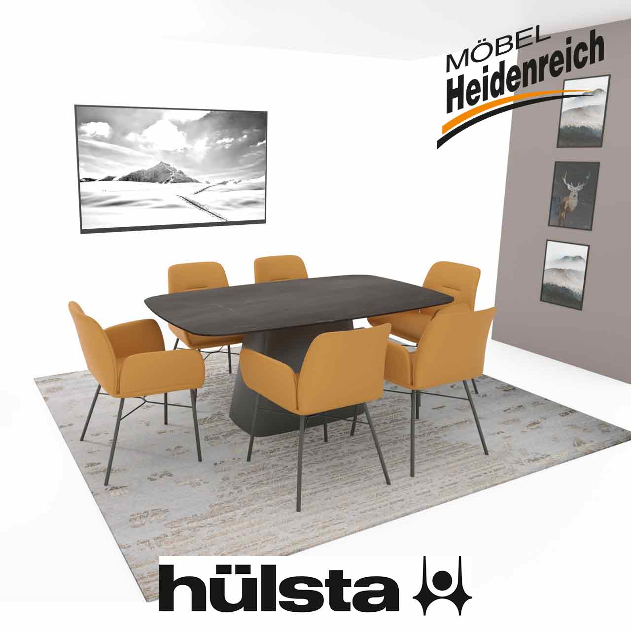Hülsta - Essgruppe mit T81 Grauer Tisch mit abgerundeten Ecken und breit auslaufender Säule as Fuß. Um den Tisch stehen sechs vierbeinige Stühle mit senfgelbem Bezug und Armlehnen. Die Beine sind schwarz.