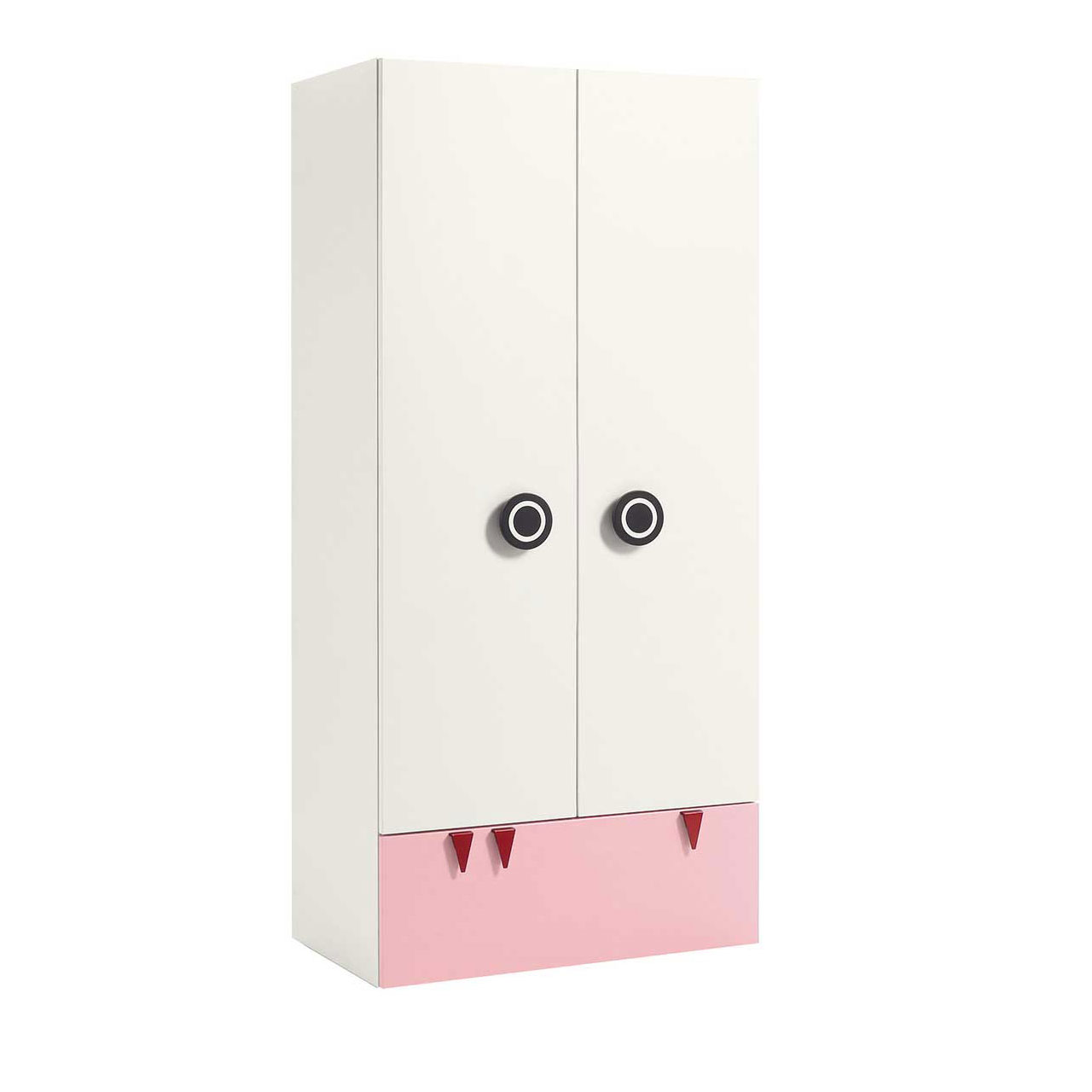 now! by hülsta - minimo Kleiderschrank 51224 mit hellrosa Schublade Weißer Kinderkleiderschrank mit zwei Türen und Schublade mit rosa Front unten. An den Türen sind runde schwarze Griffe. An der Schublade drei rote Zähnchen.