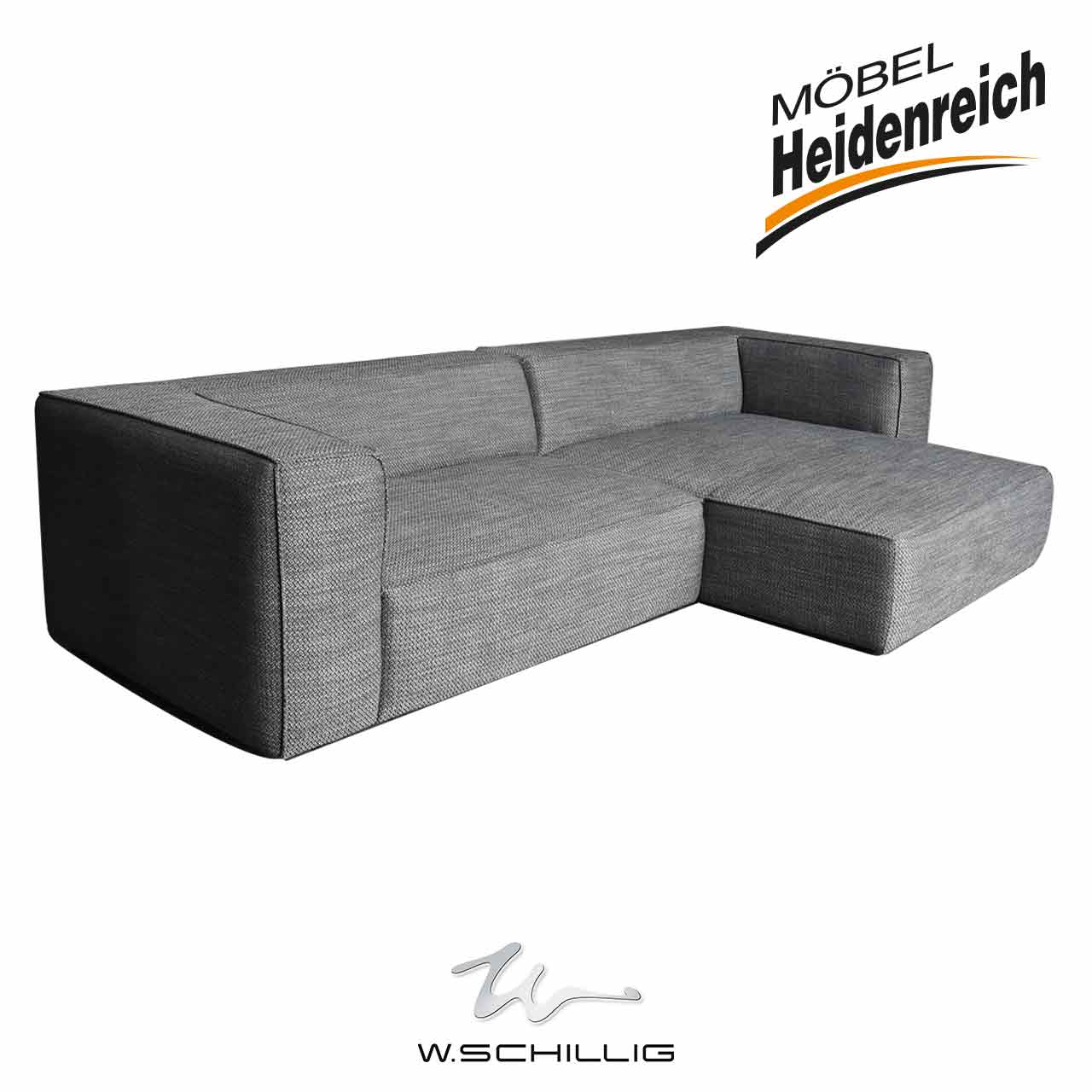 W.Schillig - Polsterecke around-the-block Sofa aus grauem groben Stoff. Links und rechts Armlehnen. Rechts Liegefläche.
