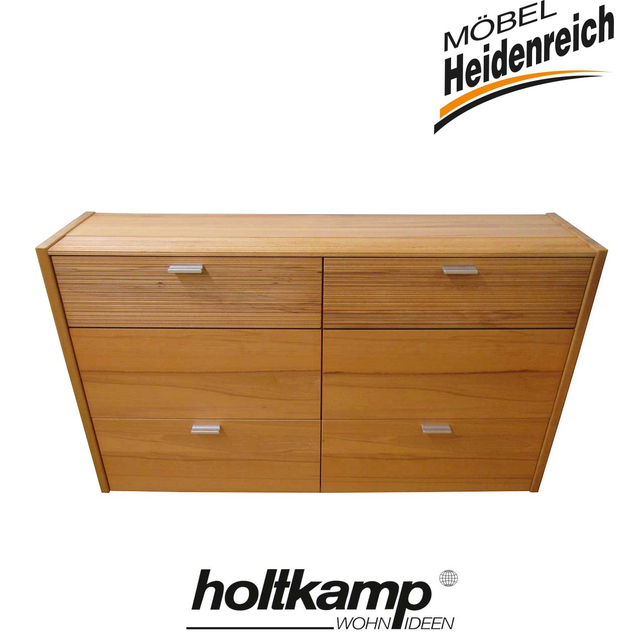 Schuhschrank aus Buche mit zwei Klappen, zwei Schubladen und vier Schuhfächern.