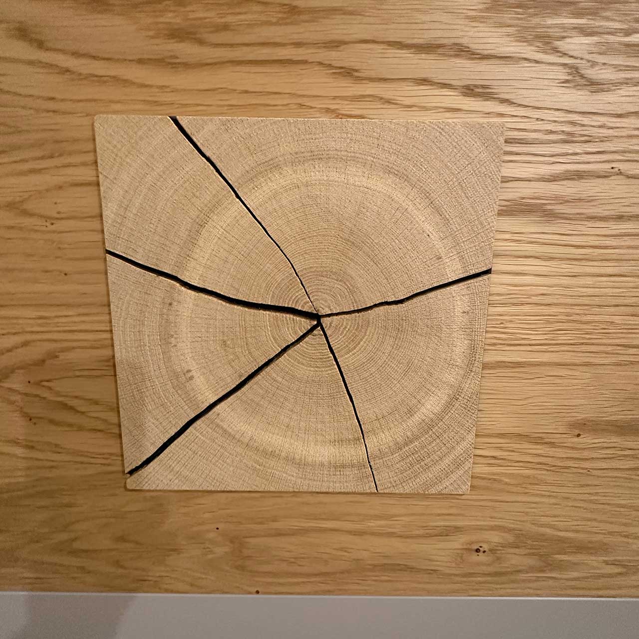 Detailbild der Hirnholzapplikation: Quadratische Applikation mit rundem Baumstammprofil innen, in dem tiefe dekorative Risse eingearbeitet sind.