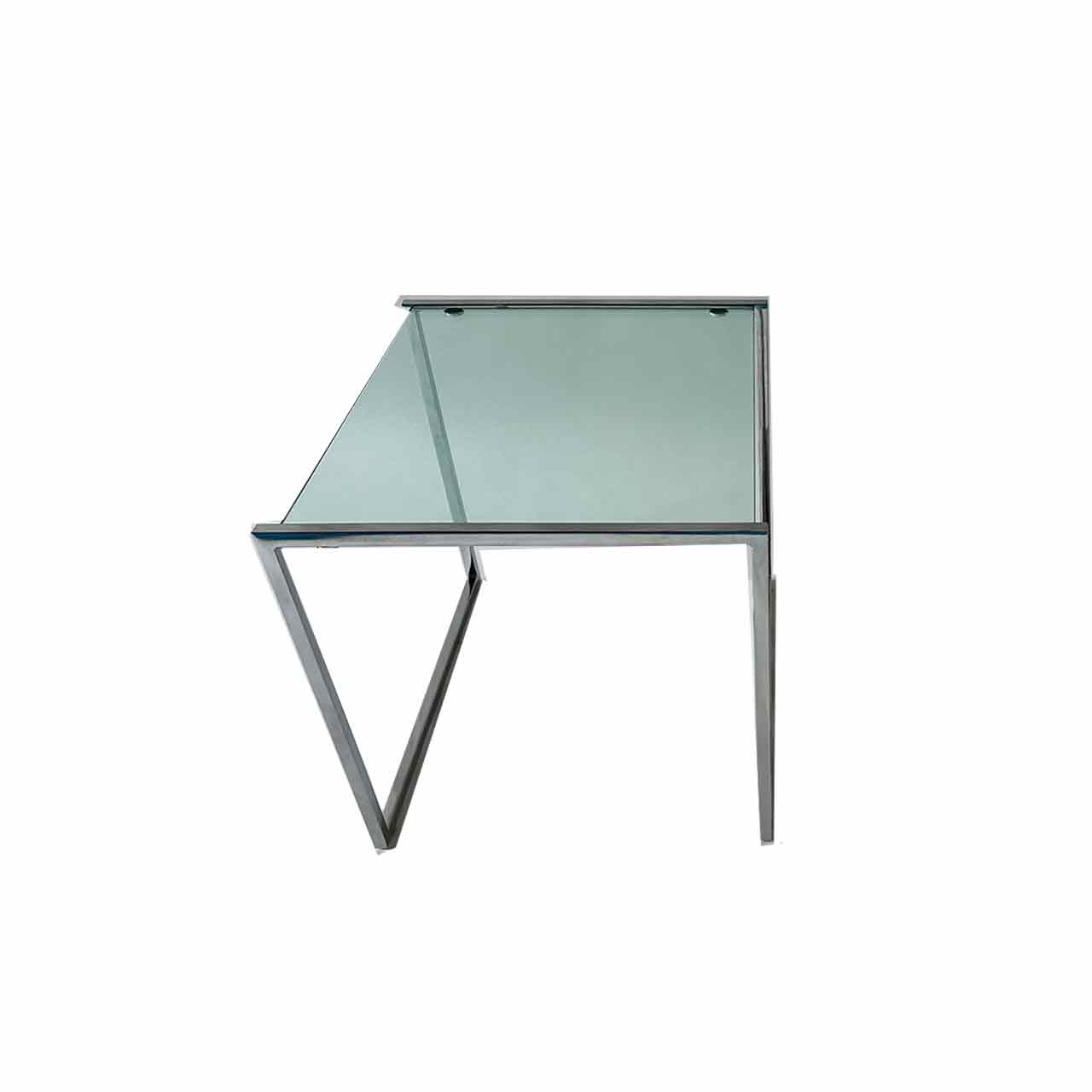 Tisch mit eckiger Glasplatte und chromfarbigem eckigem Gestell