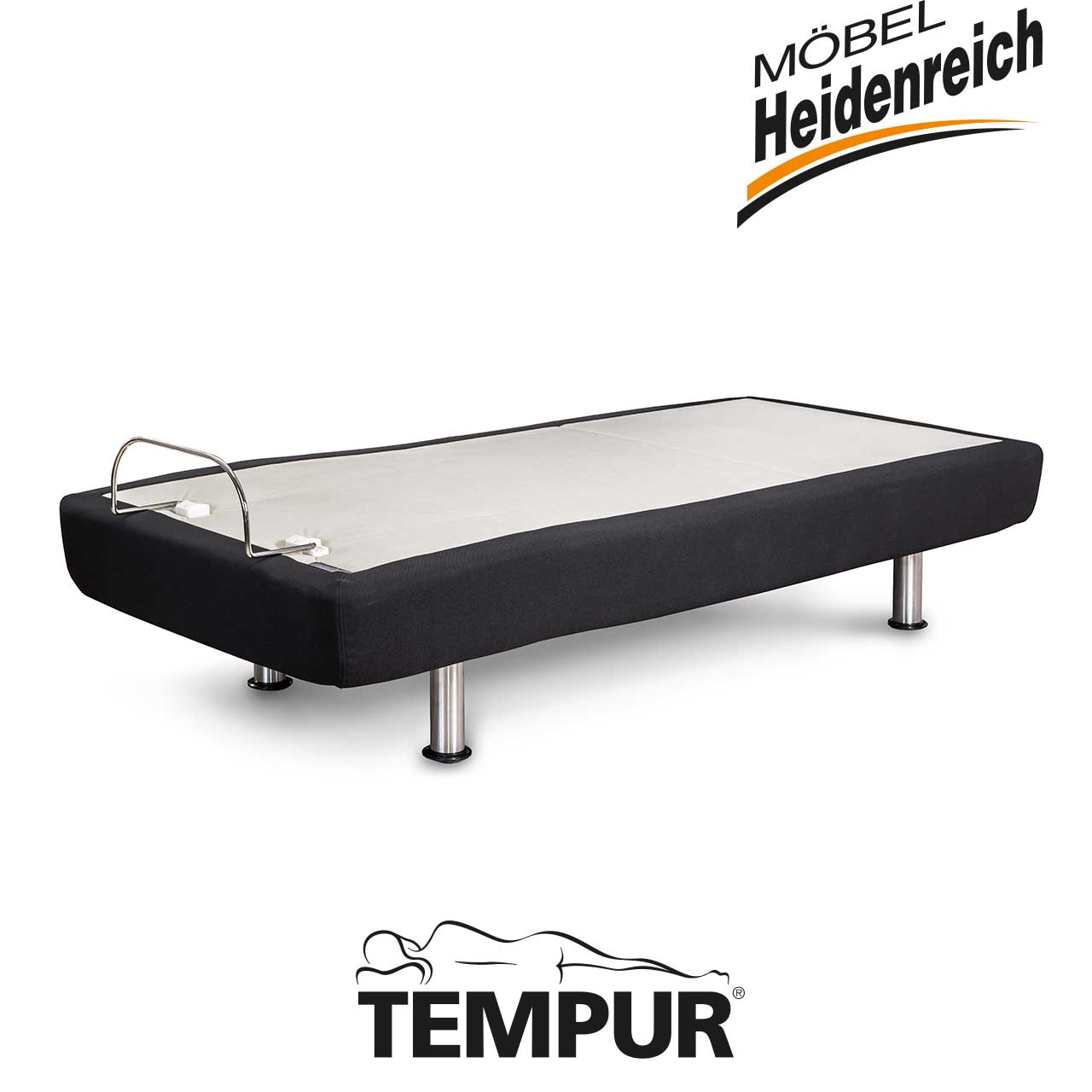 Bett-Unterbau mit schwarzem Bezug und Haltebügel für Matratze mit vier Chrom-Füßen.