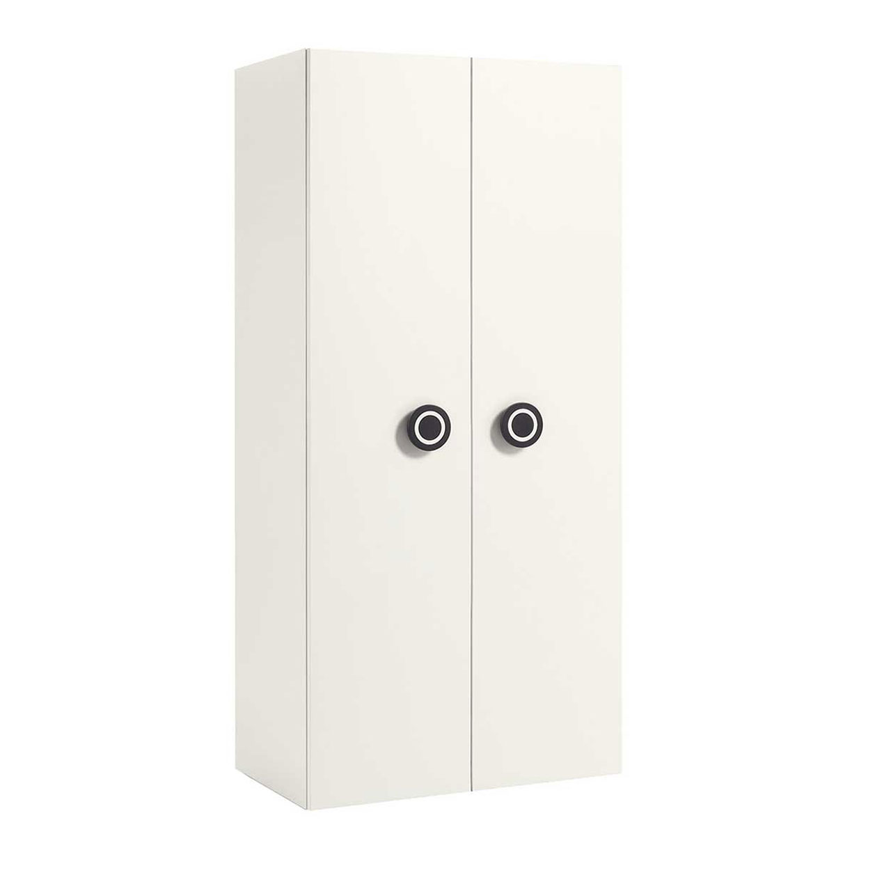 now! by hülsta – minimo Kleiderschrank zweitürig weiß 51203 Weißer Kinderkleiderschrank mit zwei Türen und runden schwarzen Knöpfen als Türknauf, seitlich fotografiert.