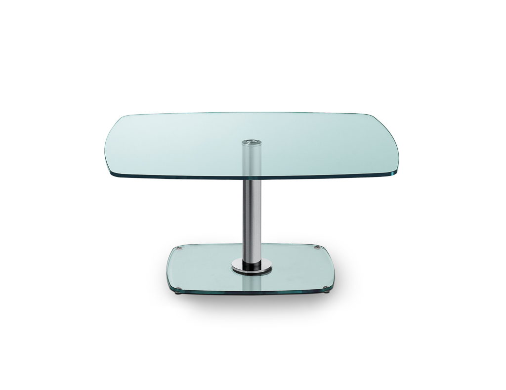Couchtisch mit Tischplatte und Bodenplatte aus Glas, rechteckig an den Ecken abgerundet mit Chromsäule
