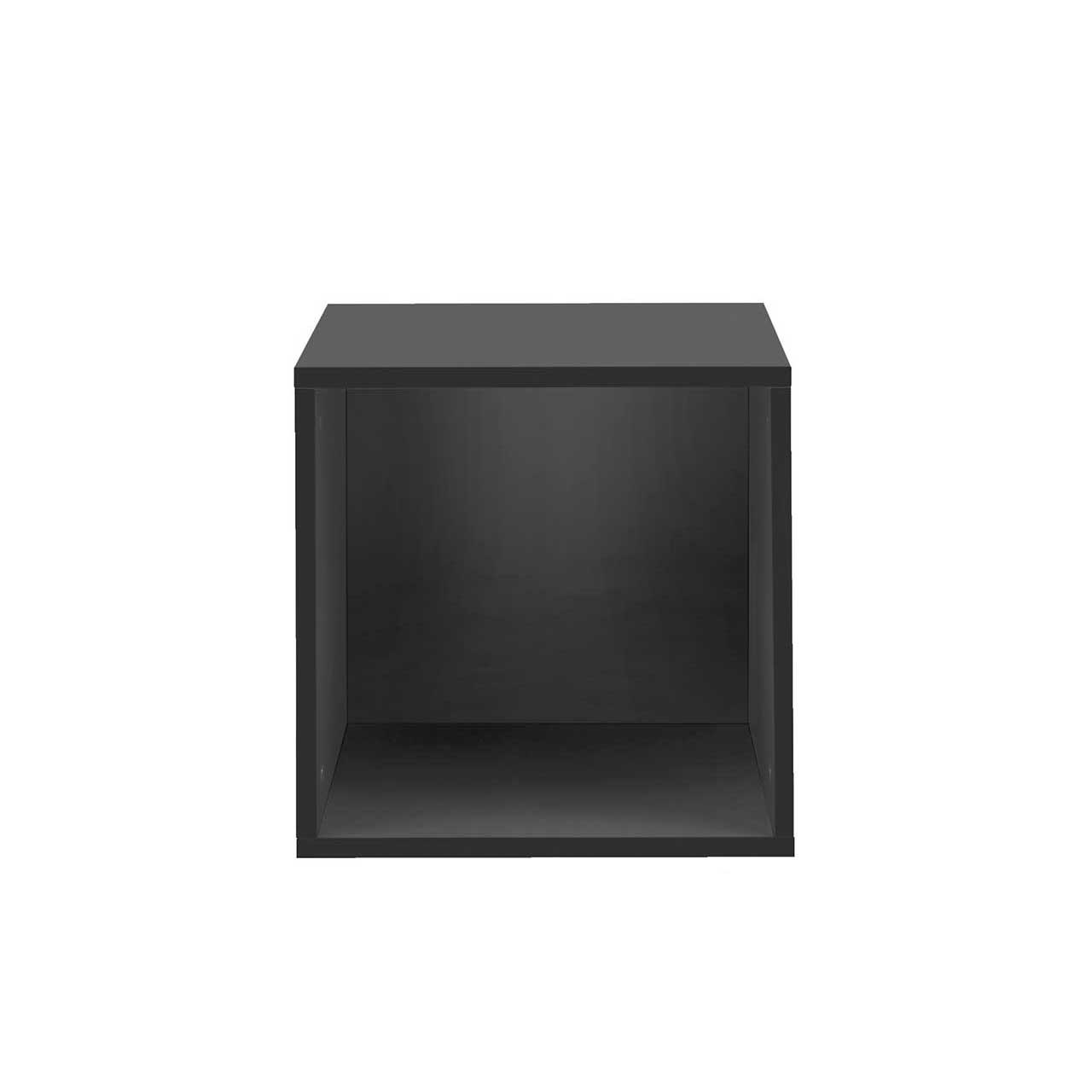 Kleine quadratische graue Box, die vorne offen ist.