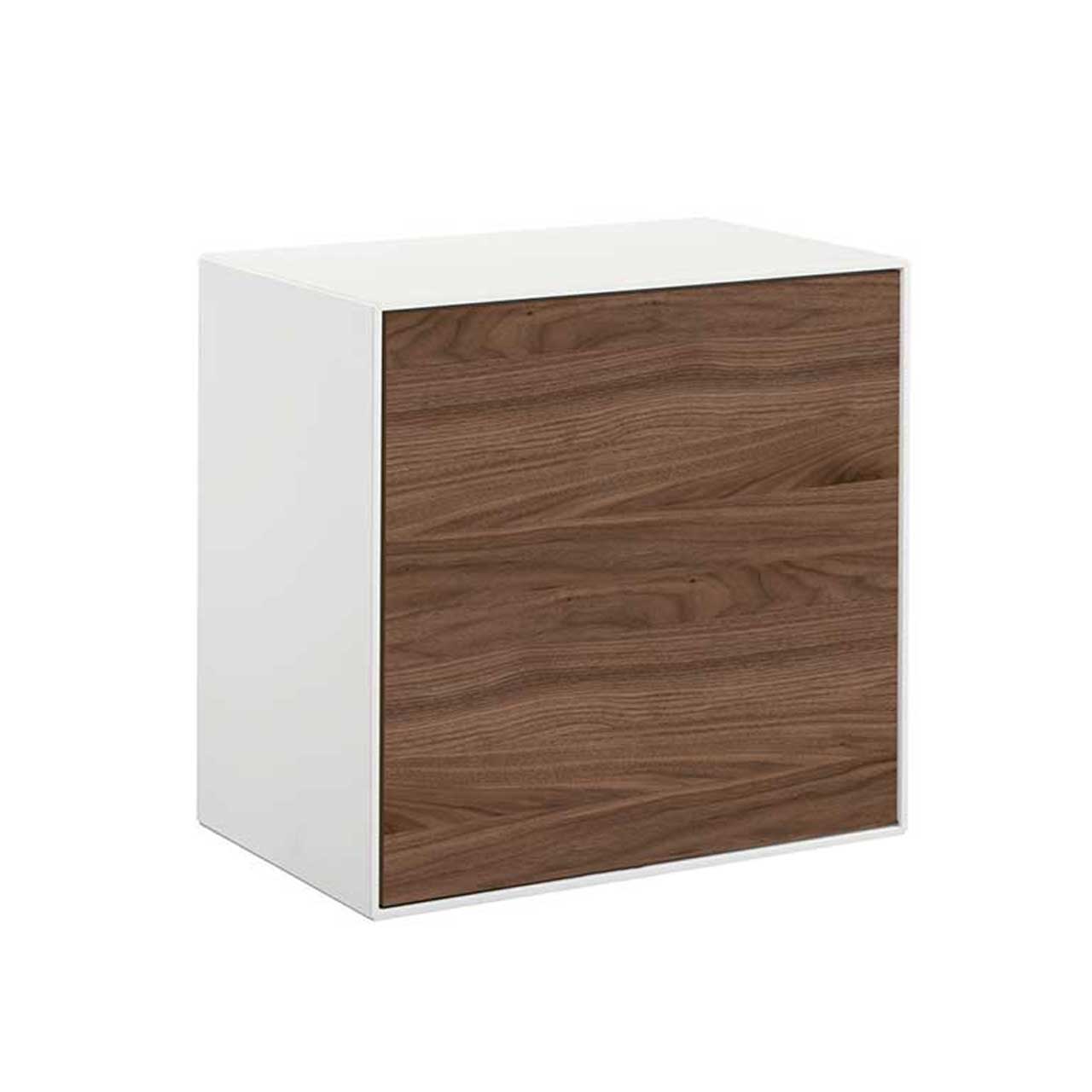 Weiße Hängebox mit griffloser Tür in dunklem Holz.