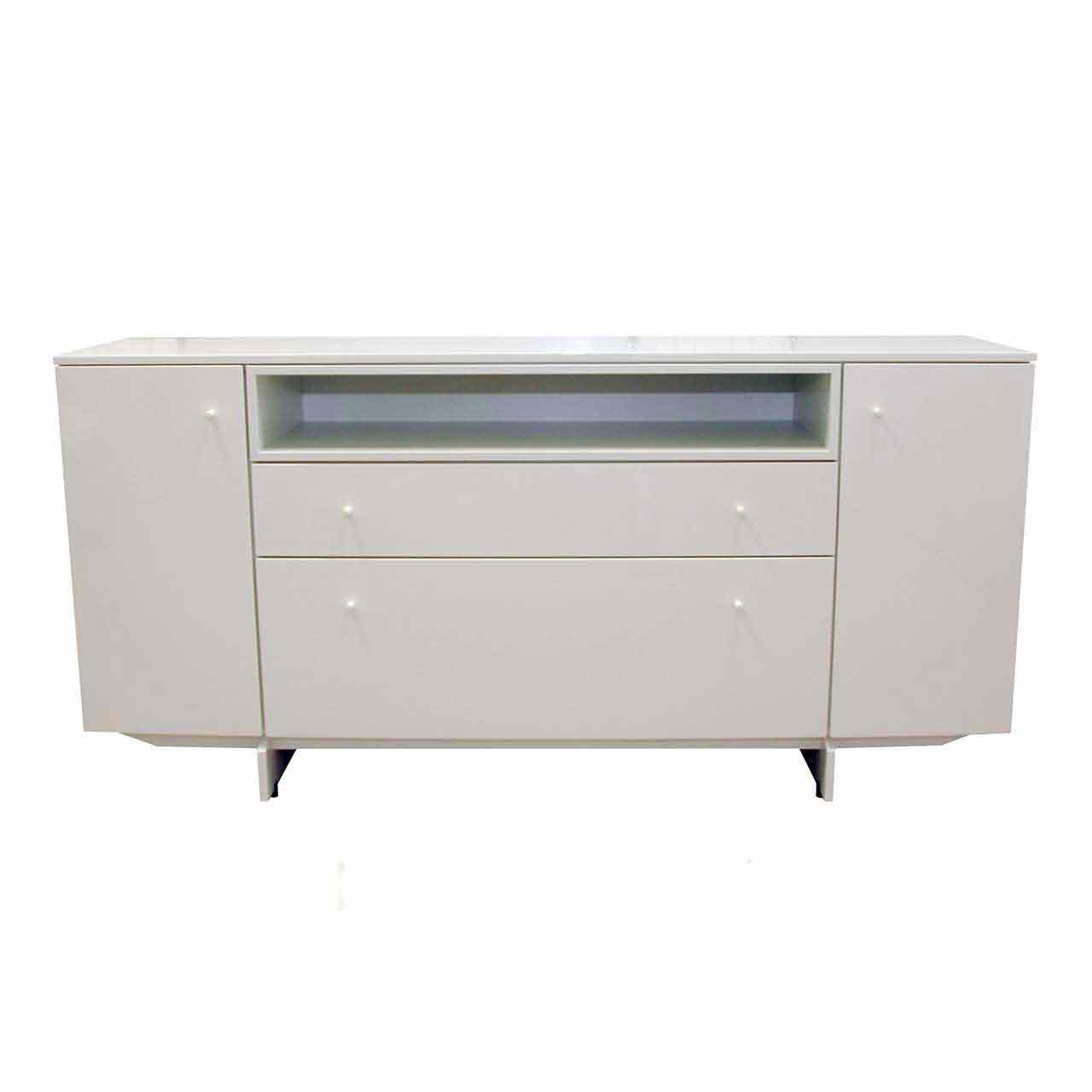 Weißes Sideboard auf Kufengestell mit Türen rechts und links und 1 Klappe und Schublade in der Mitte