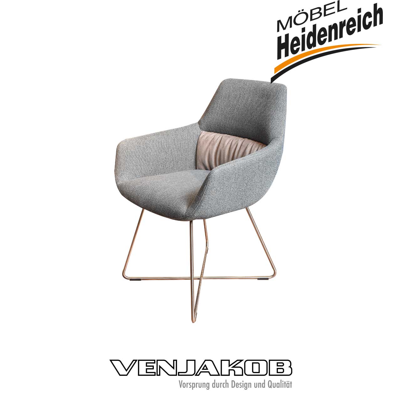 Zierelement im Rücken ist hellblau, NICHT rosa. Grauer Stuhl seitlich fotografiert.