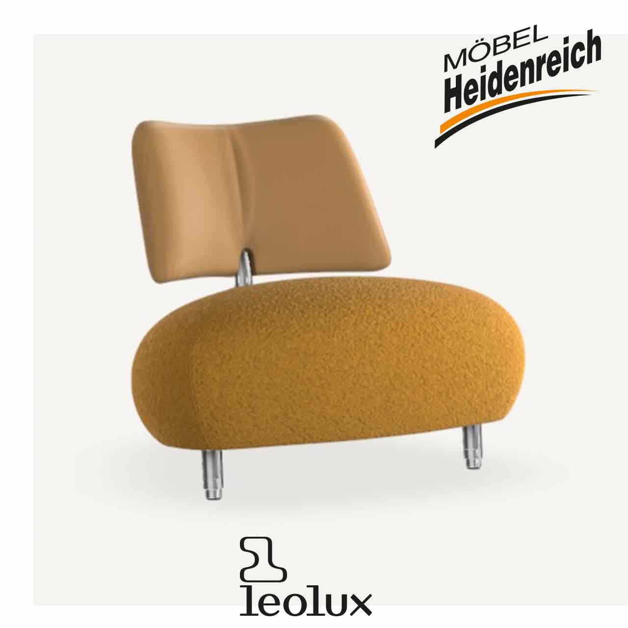 Leolux - Pallone Spirit of Spring Sessel mit rundem flauschigen Sitz in Gelb mit Lehne aus beigem Leder. Kleine Chromfüße.