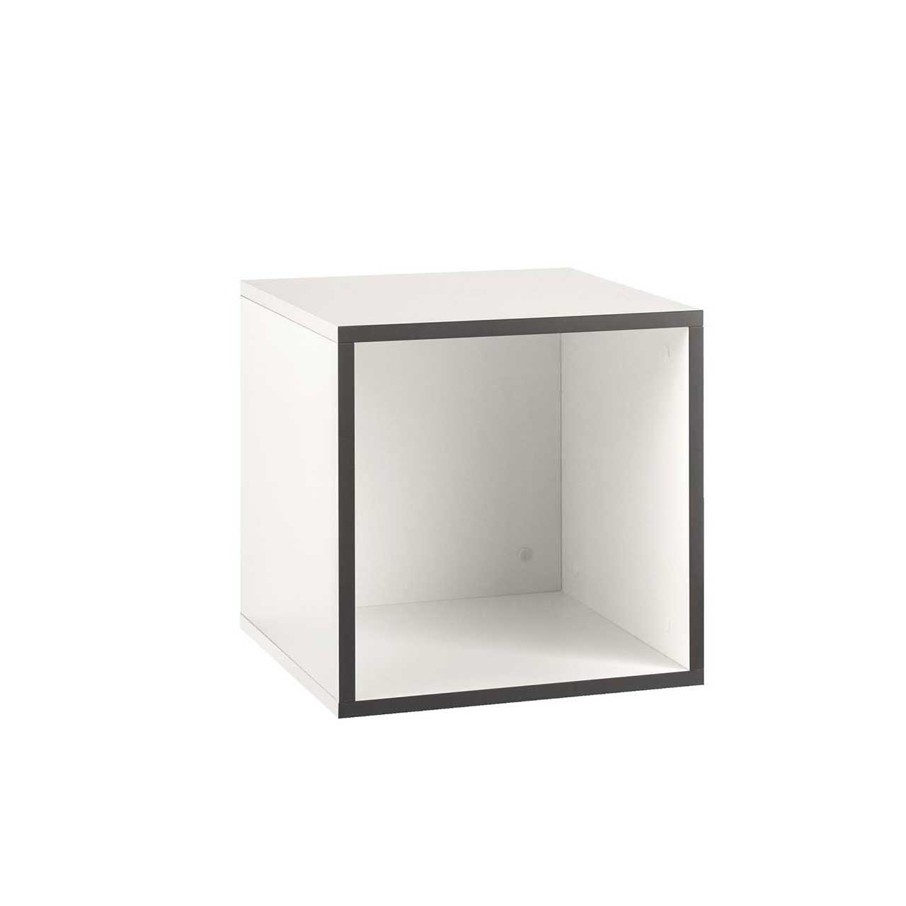 Kleine quadratische weiße Box, die vorne offen ist. Der Rand der Box ist grau.