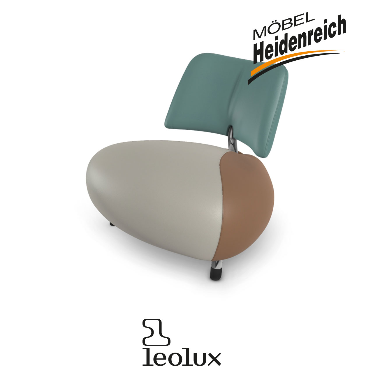Leolux Sessel - Pallone Kingfisher Frontansicht. Sessel ganz aus glattem Leder in drei Farben. Die Kopfstütze ist grün, die Sitzfläche braun und beige. Ansicht von vorne.