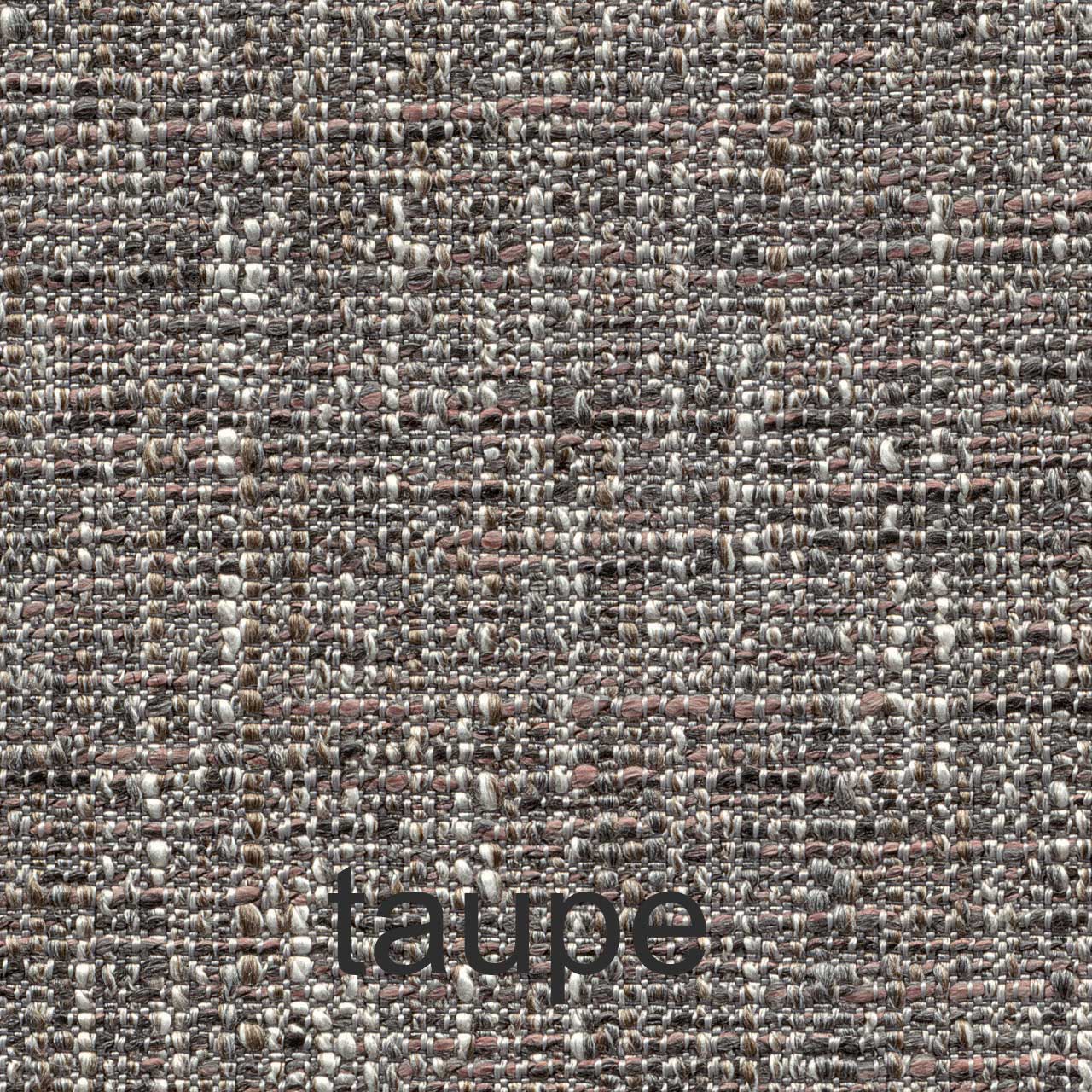 Stoffmuster Taupe Stoffmuster Taupe: Detailansicht der Stoffstruktur mit Fäden in verschiedenen Brauntönen.