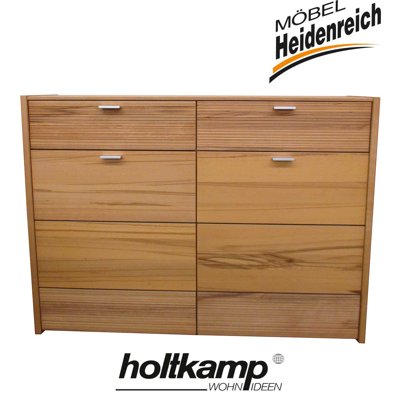 Schuhschrank aus Buche Furnier mit zwei Schubladen und zwei Türen. Die Schubladenfront ist mit strukturiertem Massivholz abgesetzt.