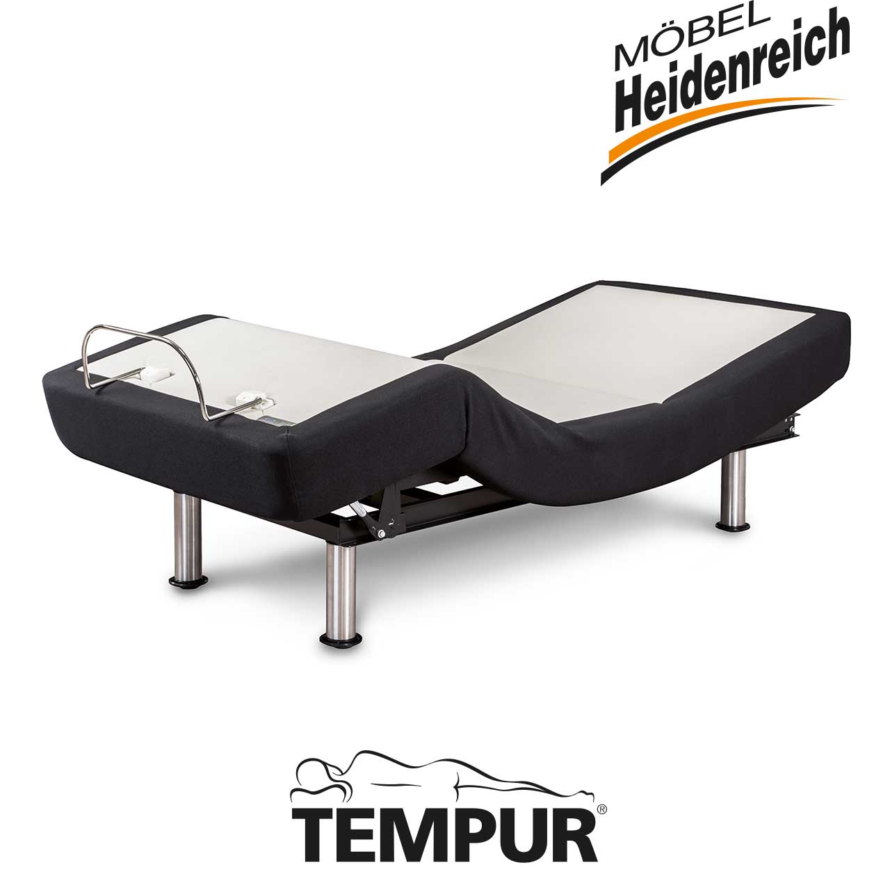 Bett-Unterbau mit schwarzem Bezug und Haltebügel für Matratze in gebogener Form.