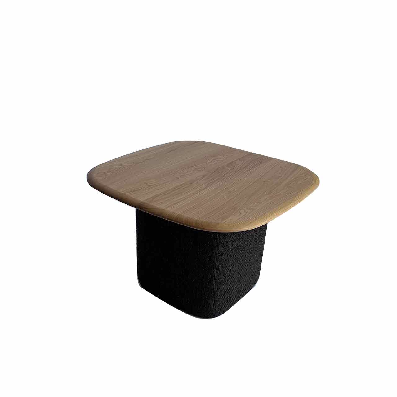 Beistelltisch mit Holztischplatte mit abgerundeten Ecken auf Sockel aus Stoff grau