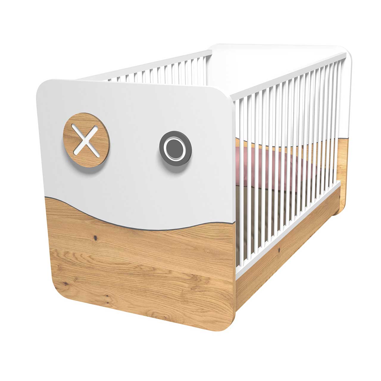 Weißes Babybett mit weißen Sprossen und Natureiche-Akzenten und einem runden Natureiche-Element sowie einem runden schwarzen Haken an der Front. Die beiden runden Elemente erinnern an Augen, der Natureiche-Akzent unten an einen Mund. Frontal fotografiert.