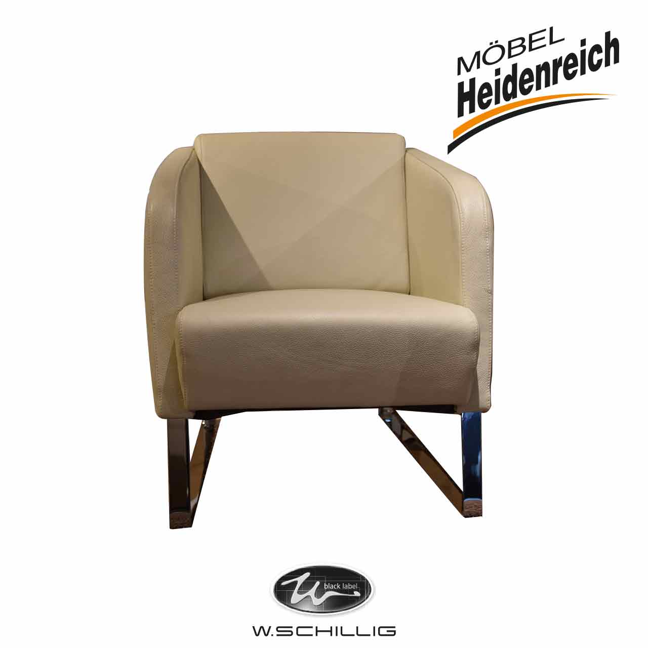 W.Schillig - Sessel Donna Armlehnsessel mit kurzer Lehne in cremefarbenem Leder auf chromfarbigen Kufen.