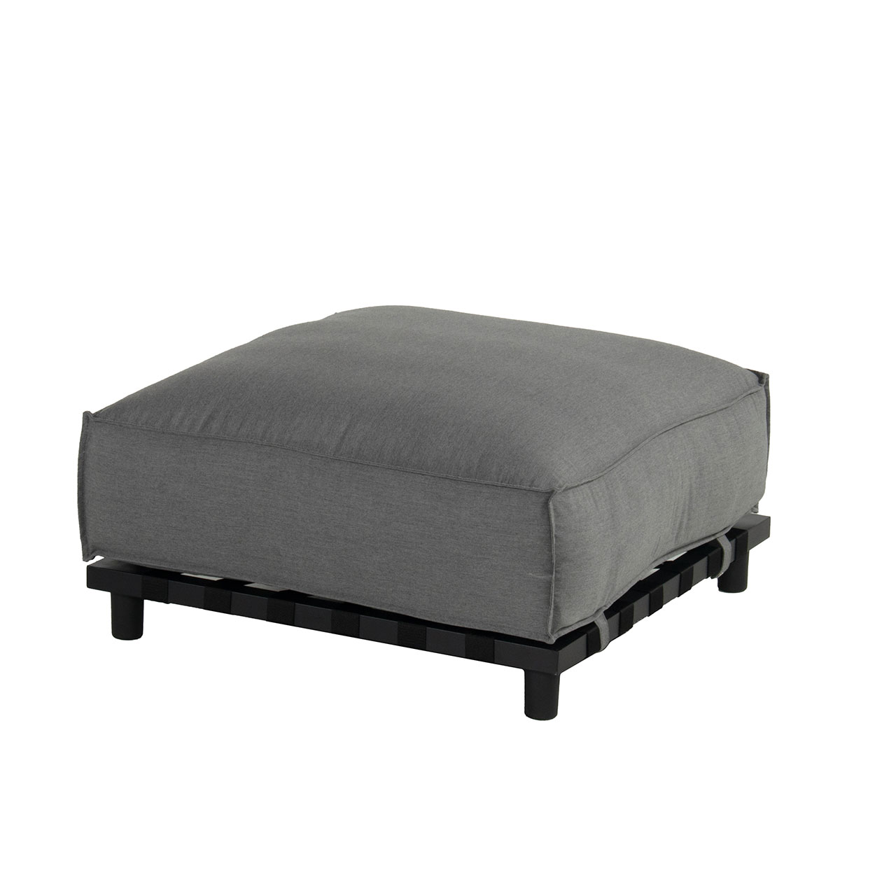 Gartenlounge Vlieland Hocker mit schwarzen Metalluntergestell und wetterbeständigen grauen Sunbrella Stoff.